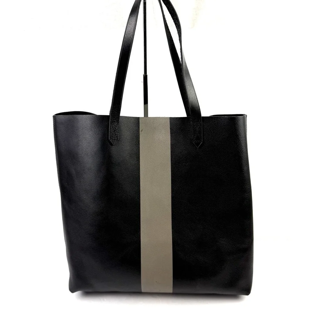 Madewell Transport Paint Stripe Tote Bag Black Gray Leather Urban Commuter